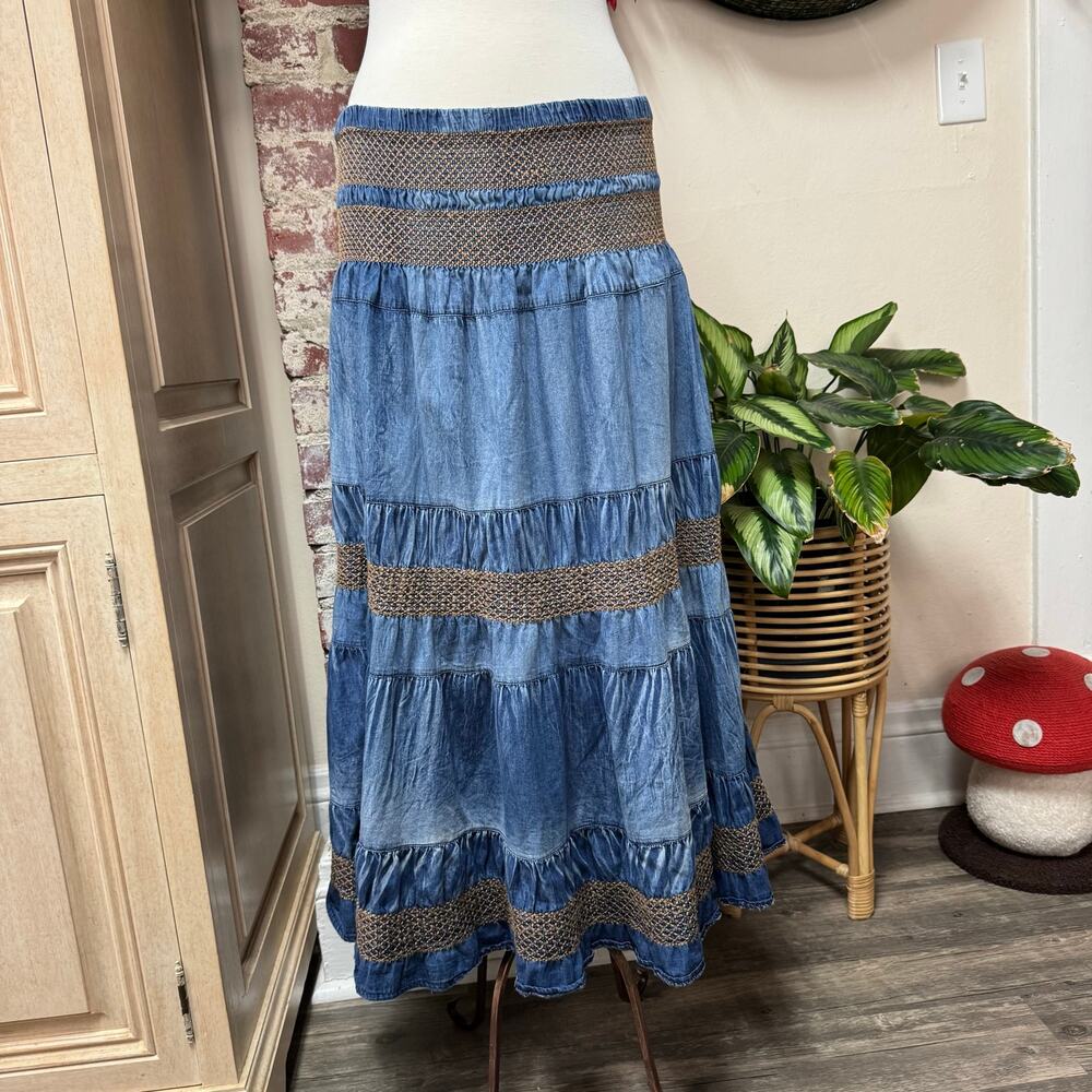 Denim Midi Maxi Tiered Skirt M/L
